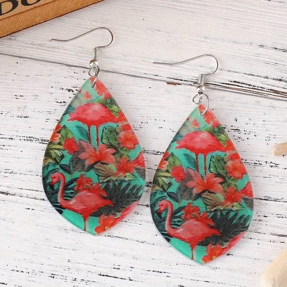 Jewelry - Pink Flamingos Tropical Leaves Acrylic Raindrop Shaped Earrings Hibiscus